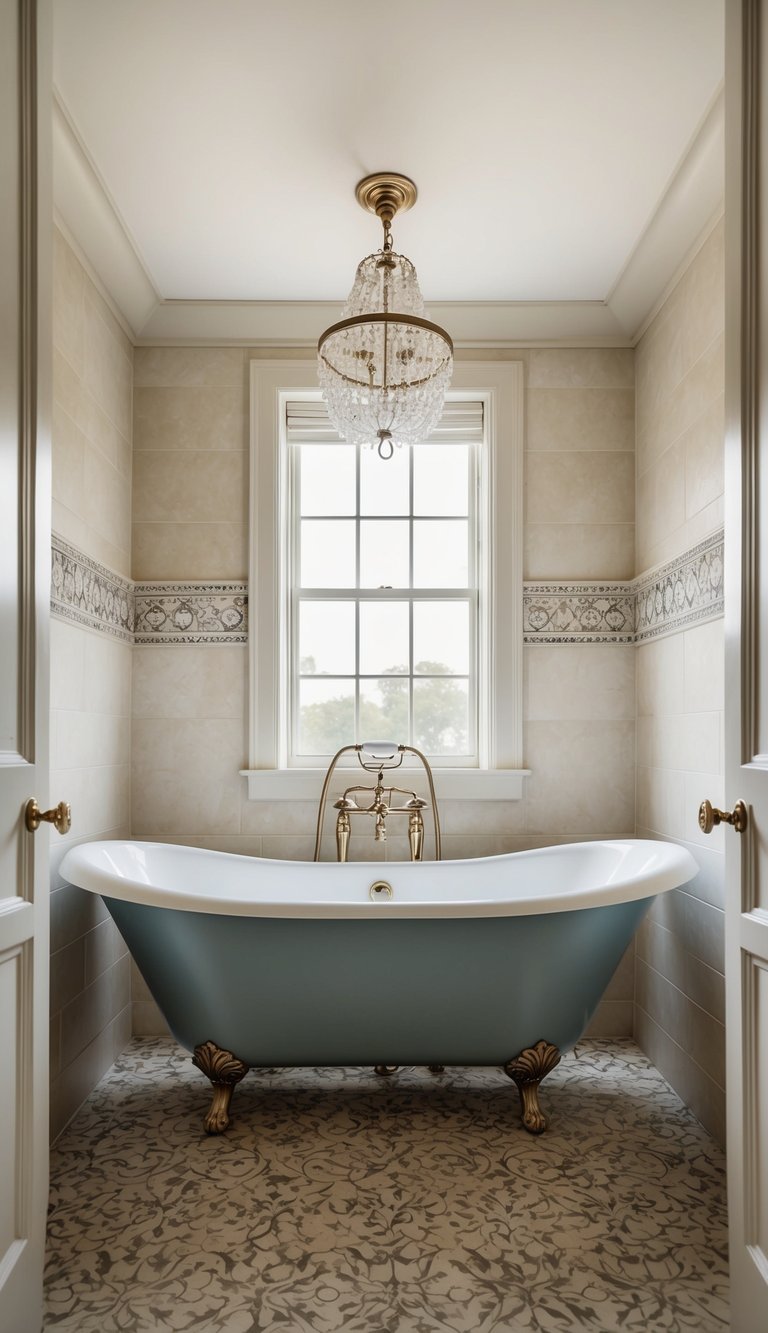 A vintage clawfoot tub sits in the center of a spacious and elegantly designed bathroom, surrounded by intricate tile work and soft, natural lighting
