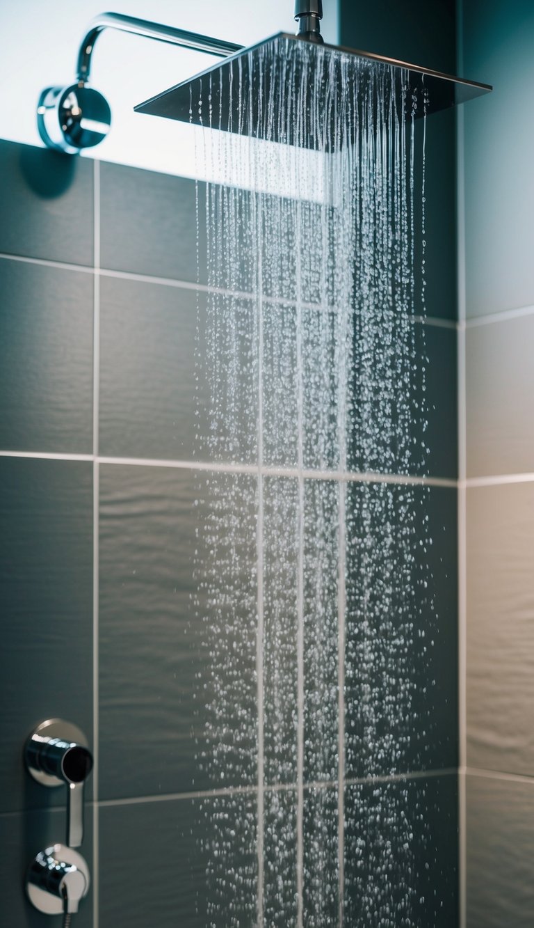 A modern rain showerhead cascades water in a sleek, tiled bathroom