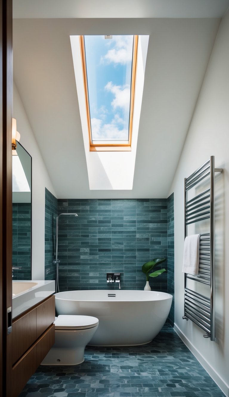 A bathroom with a skylight, casting natural light onto a modern, renovated space