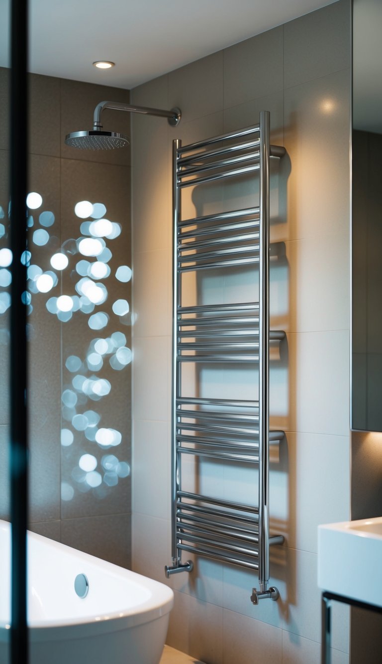 A modern bathroom with a sleek towel warmer mounted on the wall next to a bathtub and shower
