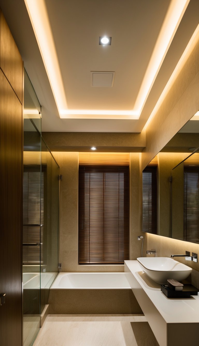 A modern bathroom with recessed ceiling lights illuminating the space, creating a warm and inviting atmosphere
