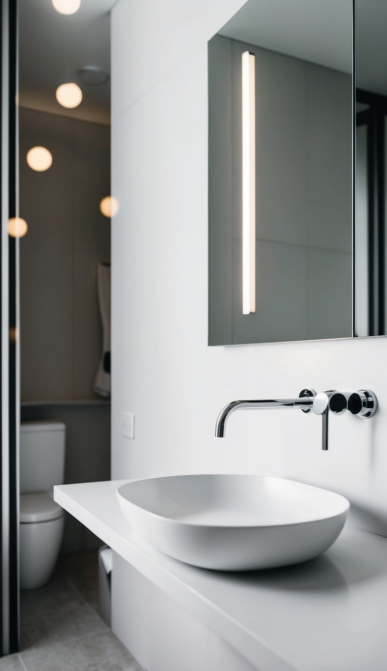 A sleek, modern bathroom with a minimalist design features a wall-mounted faucet above a stylish sink. The clean lines and open space create a sense of luxury and efficiency