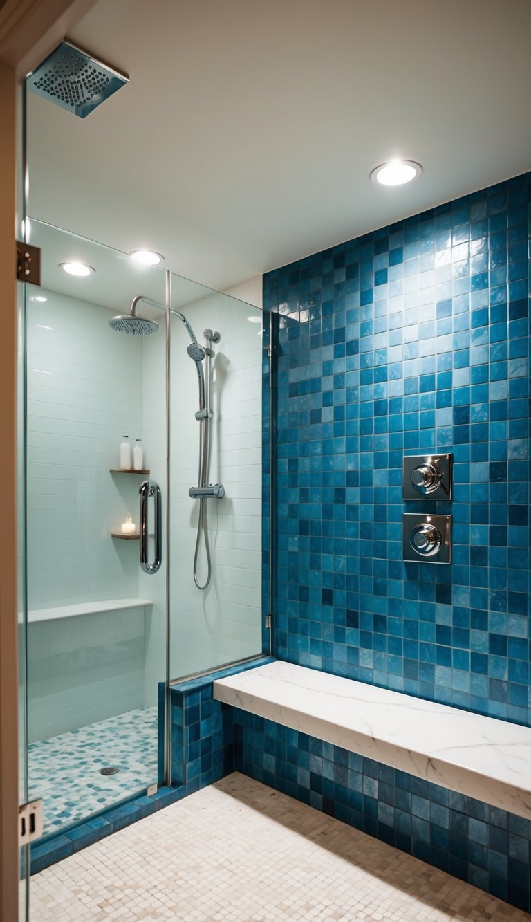 A spacious steam shower with modern fixtures and calming blue and white tiles. Glass walls and a bench add to the spa-like atmosphere