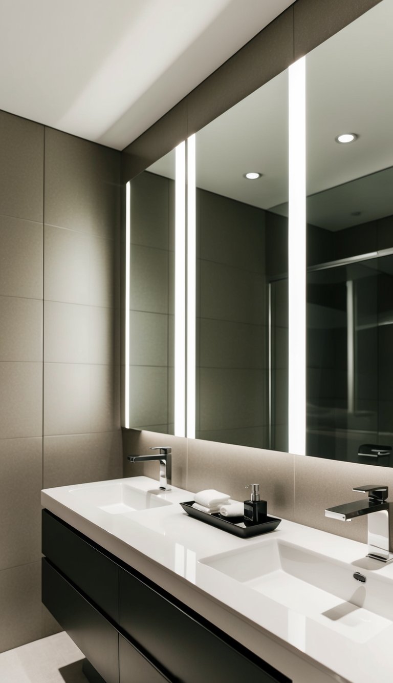 A modern bathroom with LED backlit mirrors, sleek fixtures, and a clean, minimalist design