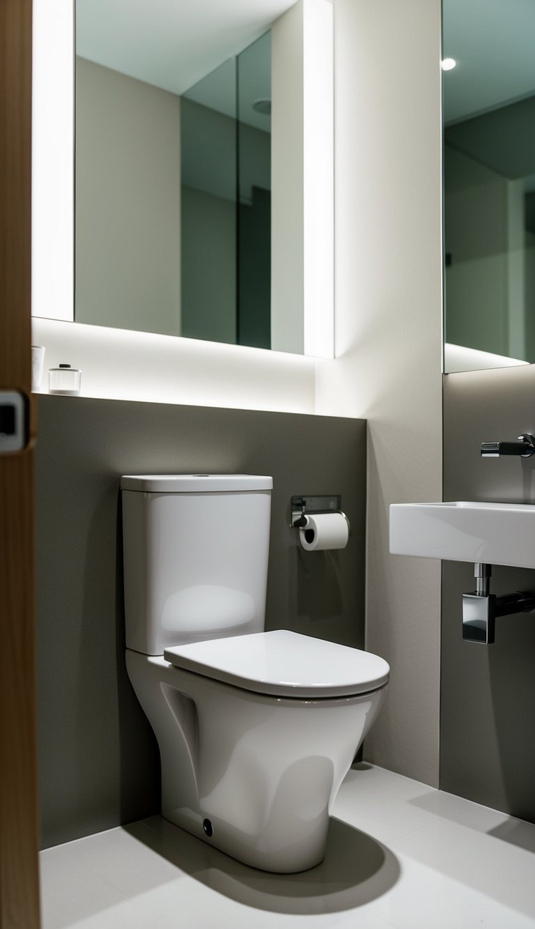 A modern dual-flush toilet installed in a sleek, minimalist bathroom with clean lines and neutral colors