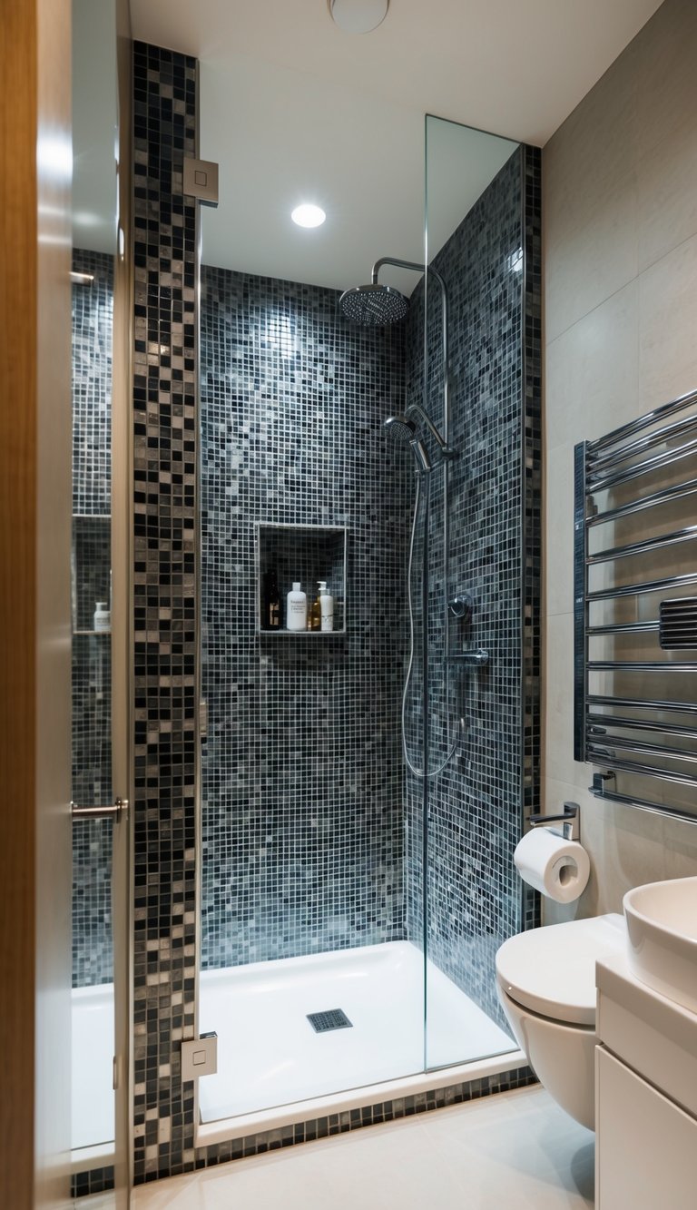 A modern bathroom with mosaic-tiled borders, sleek fixtures, and a spacious shower