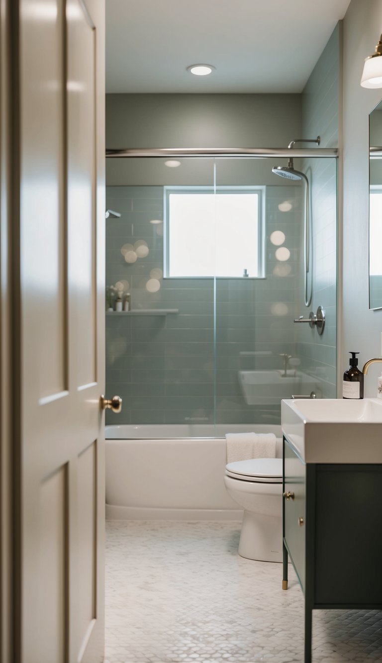 A serene bathroom with muted tones, soft lighting, and modern fixtures