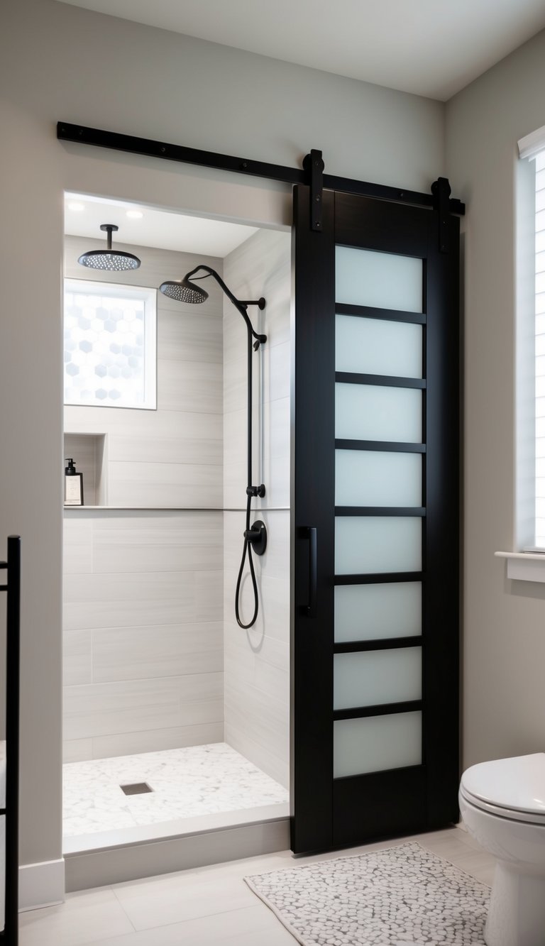 A modern bathroom with a sliding barn door leading to a spacious and well-lit shower area