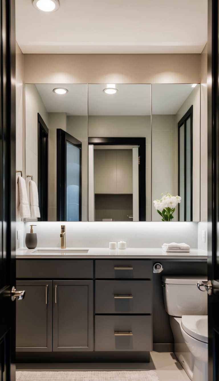 A modern bathroom with sleek, custom cabinetry, a spacious vanity, and elegant fixtures