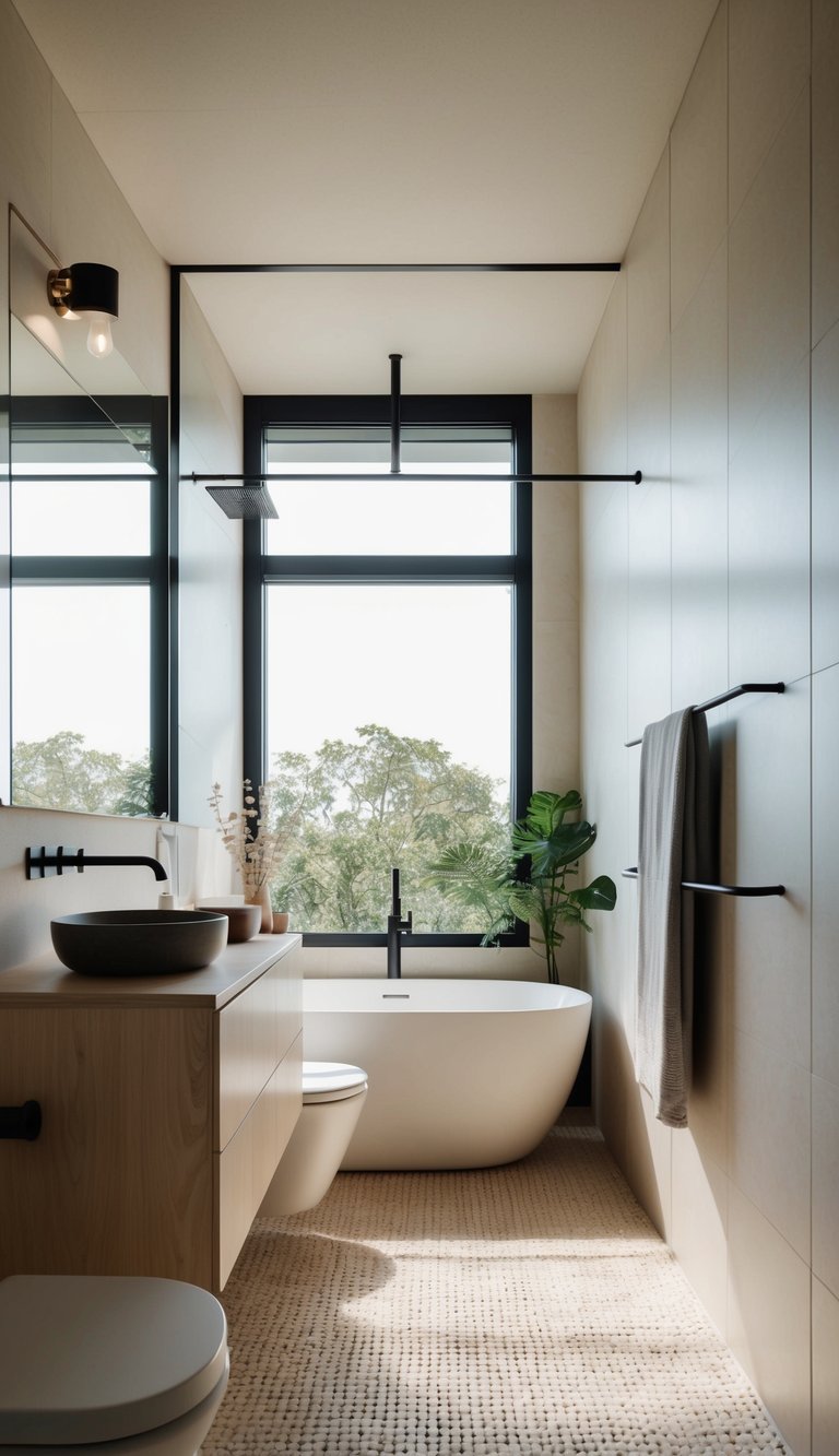 A modern bathroom with sustainable fixtures and natural materials, featuring a sleek, minimalist design with plenty of natural light