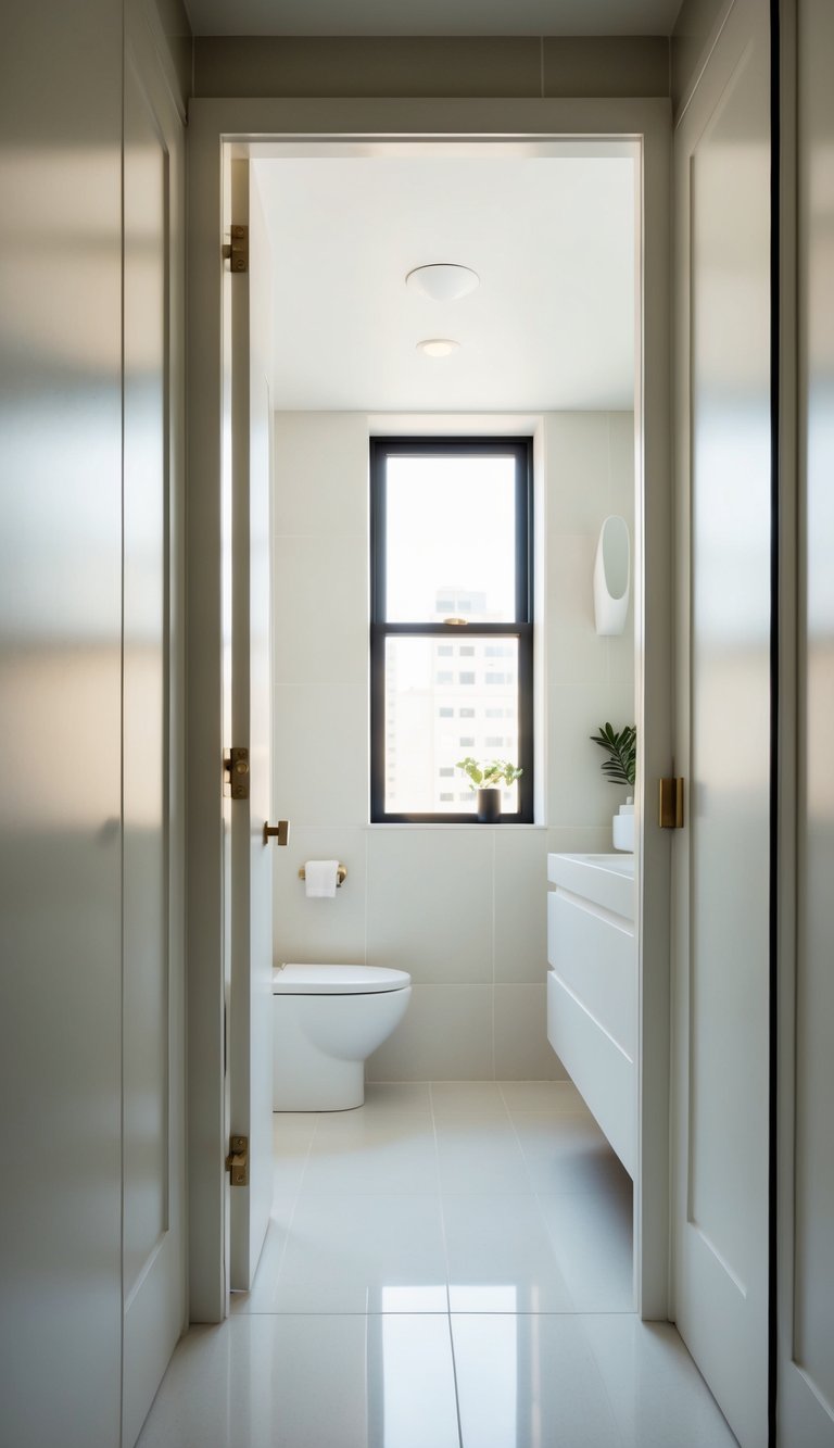 A narrow bathroom with a pocket door installed to maximize space. Bright, modern fixtures and a clean, minimalist design