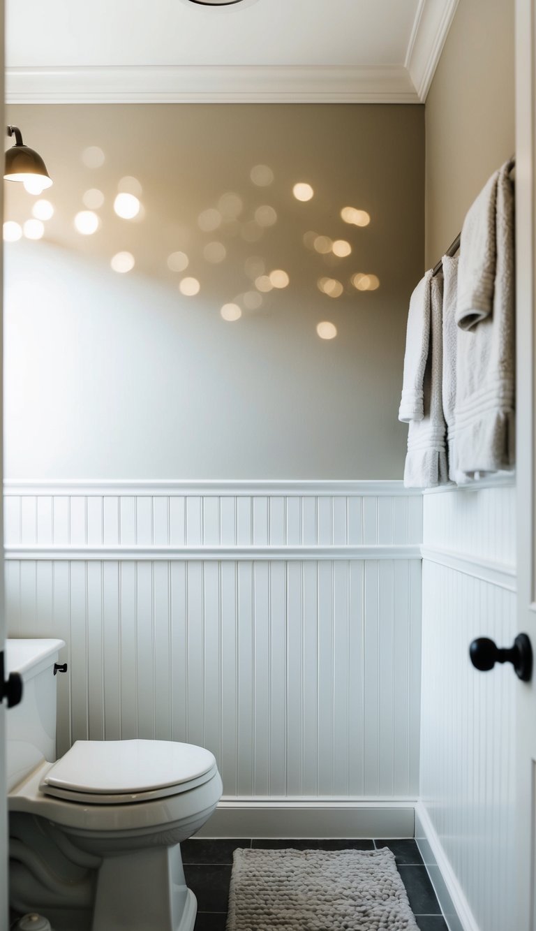 A bathroom with white wainscoting lining the lower half of the walls, adding texture and depth to the room