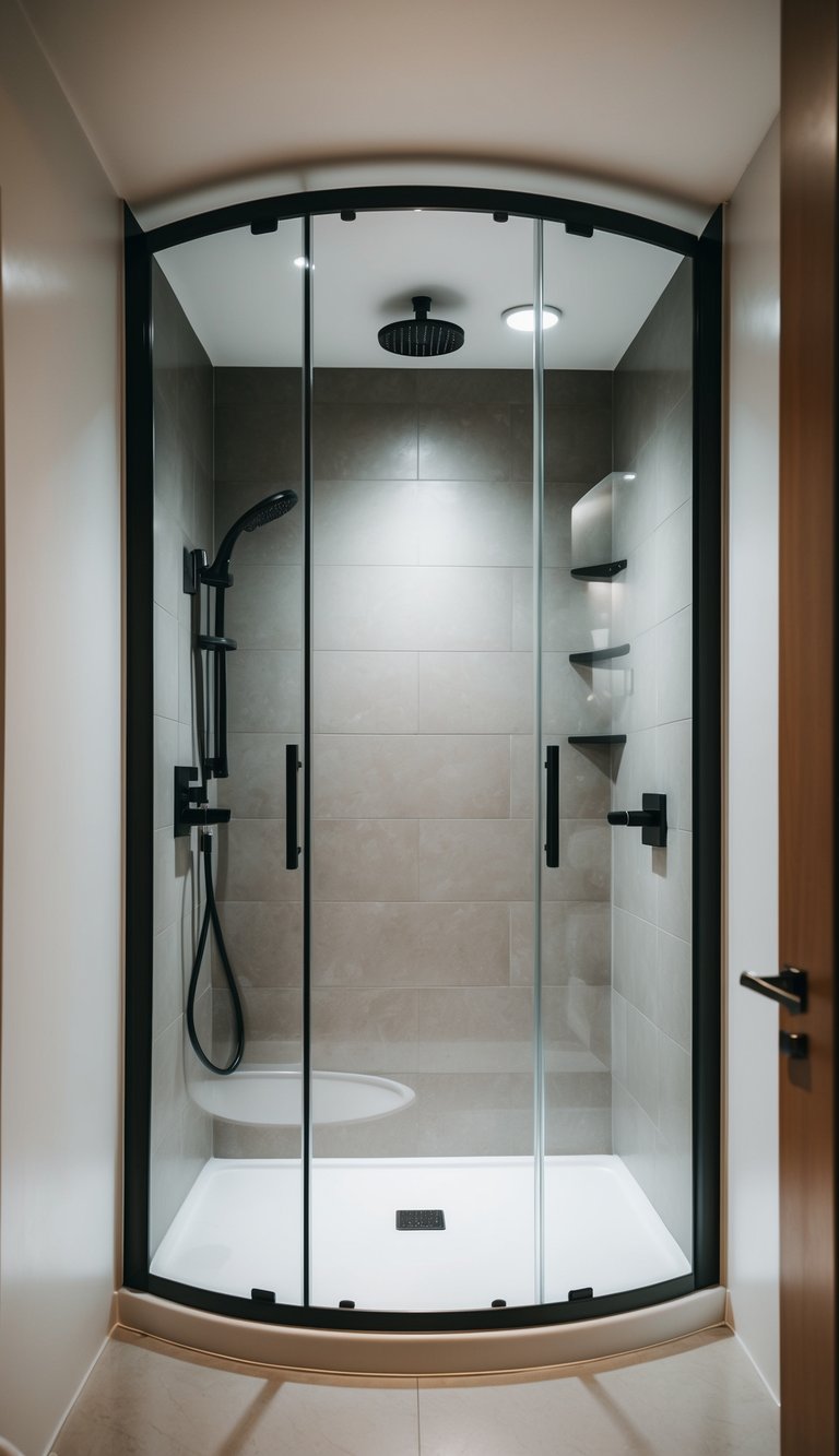 A modern bathroom with a sleek corner shower unit, glass doors, and contemporary fixtures