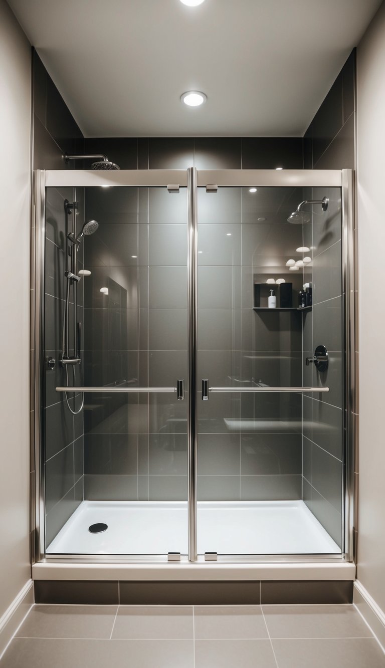 A sleek modern bathroom with a spacious shower featuring retractable glass doors, surrounded by elegant tile and contemporary fixtures