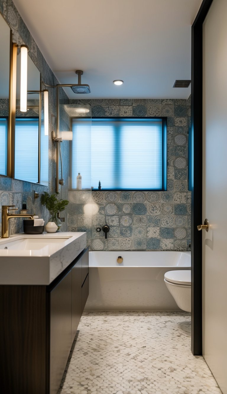 A modern bathroom with waterproof wallpaper, sleek fixtures, and natural lighting