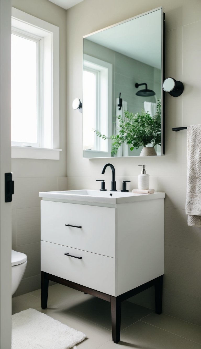A freestanding vanity being installed in a modern bathroom with sleek fixtures and a neutral color palette