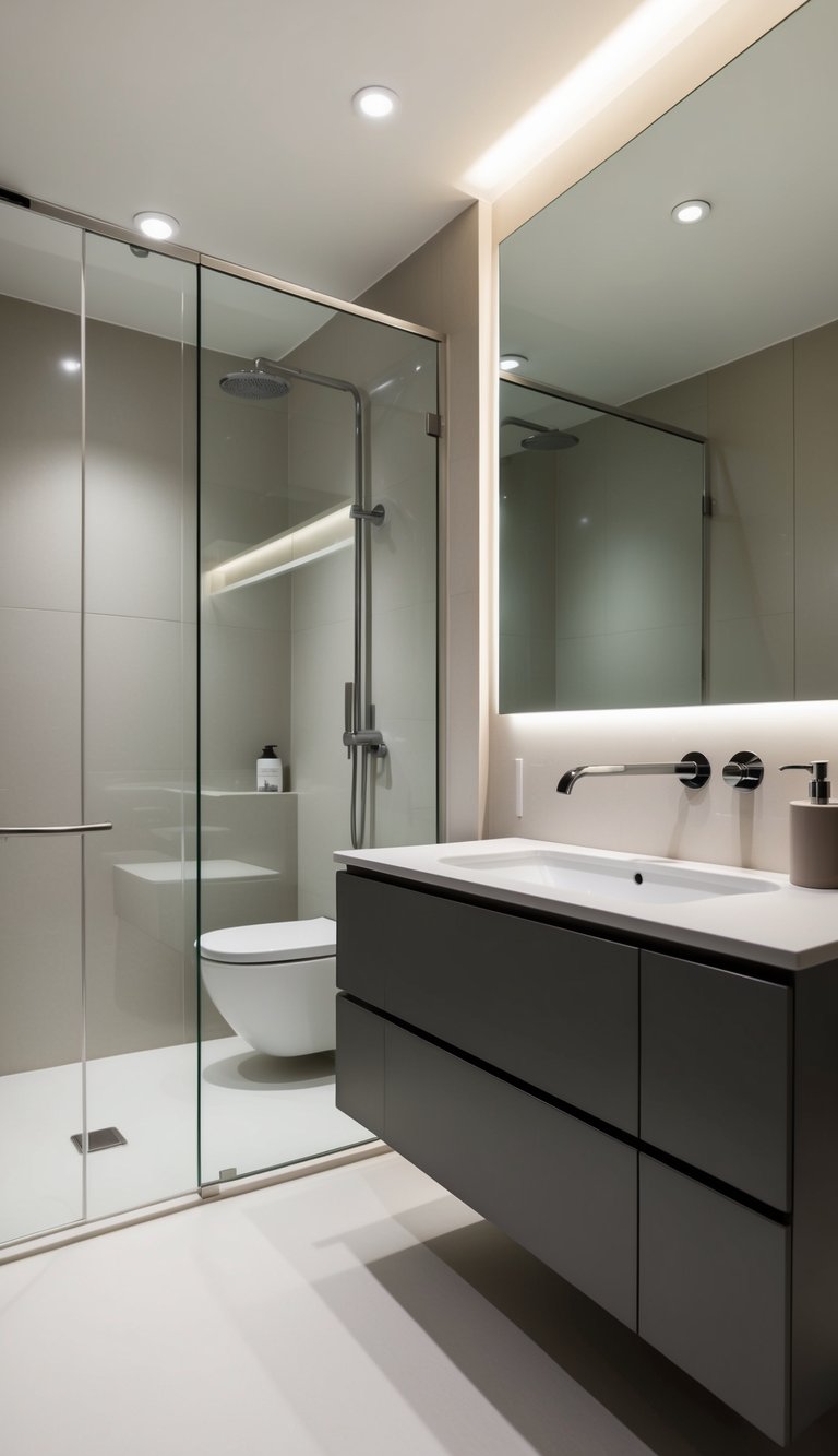 A sleek, modern bathroom with clean lines, a floating vanity, and a frameless glass shower. Minimalist fixtures and neutral colors create a serene atmosphere