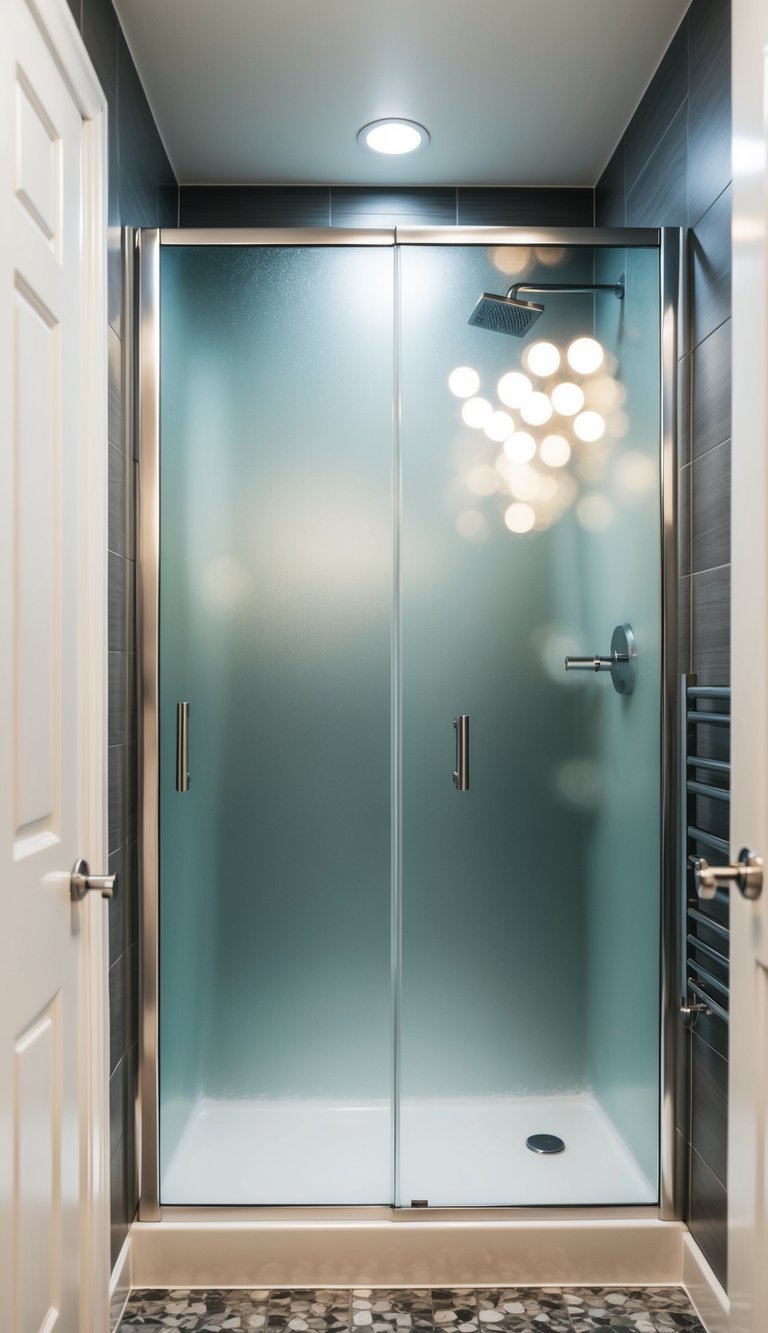 A frosted glass shower enclosure in a modern bathroom, providing privacy while still allowing natural light to filter through