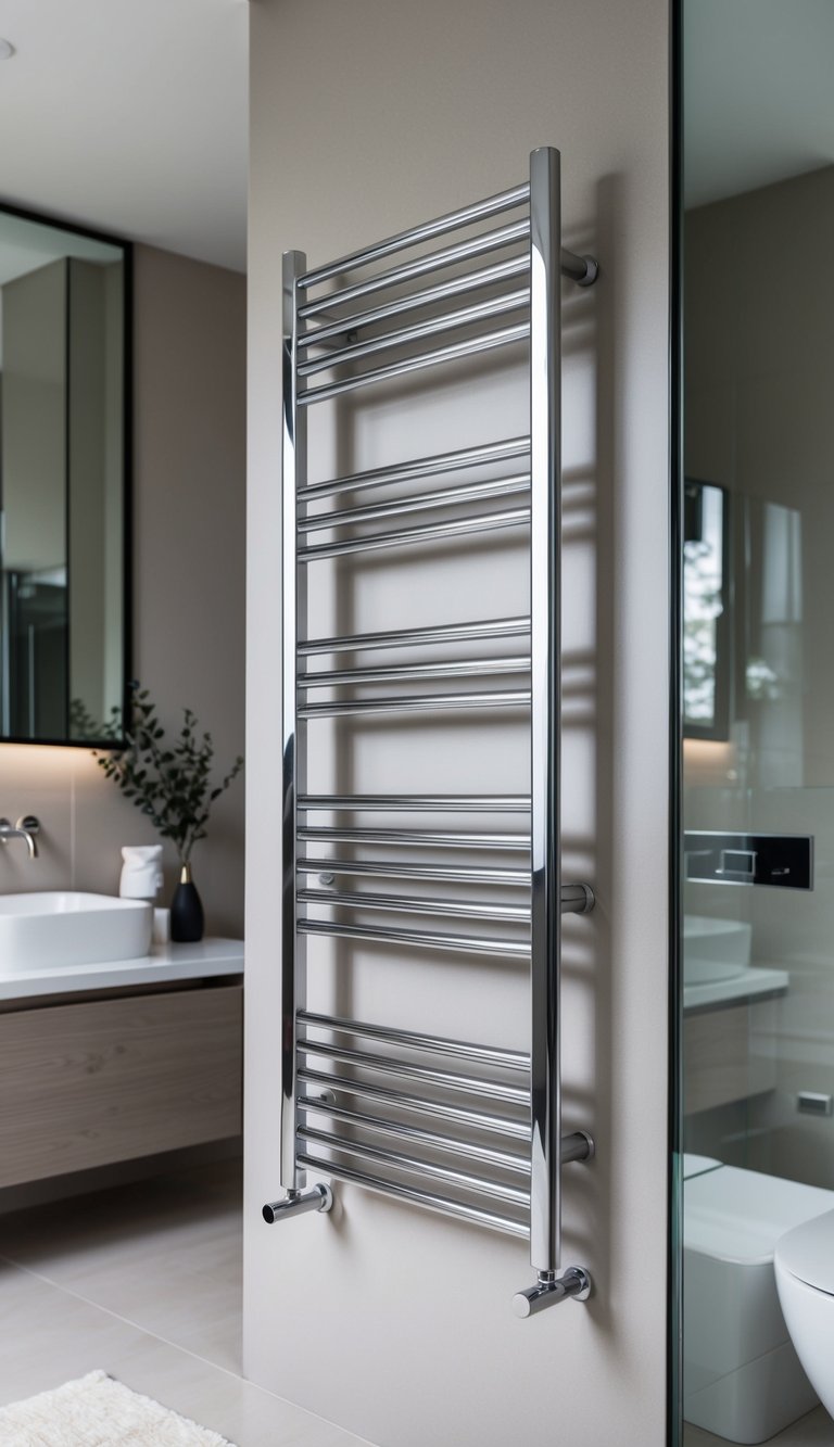 A modern bathroom with sleek heated towel racks mounted on the wall, surrounded by contemporary fixtures and a neutral color palette