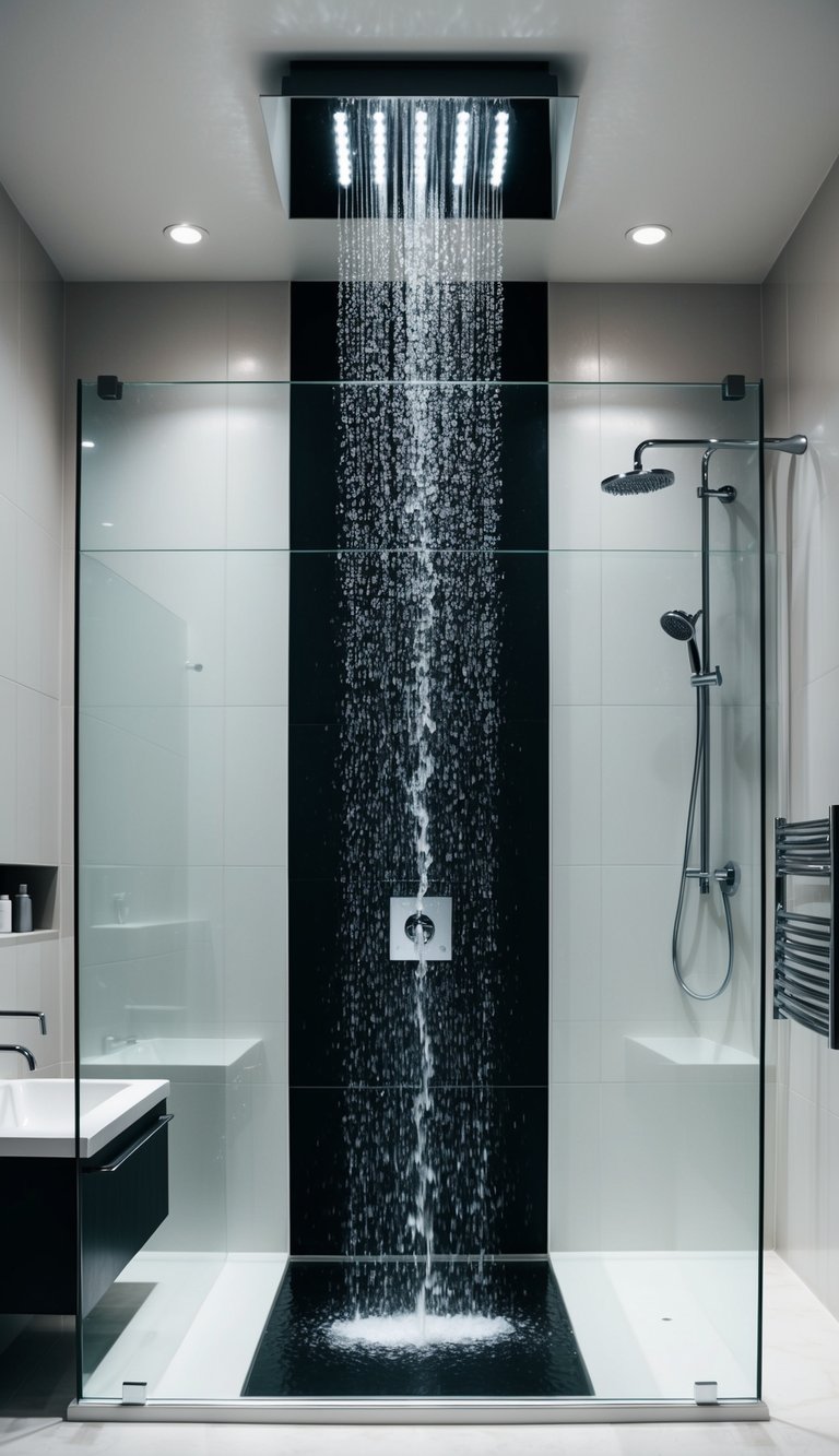 A modern bathroom with a sleek, glass-enclosed shower featuring a luxurious waterfall feature cascading down from the ceiling