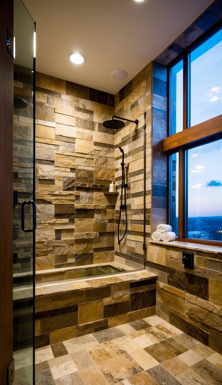 A modern bathroom with a large, walk-in shower lined with natural stone tiles. The tiles are a mix of earthy tones, creating a luxurious and spa-like atmosphere