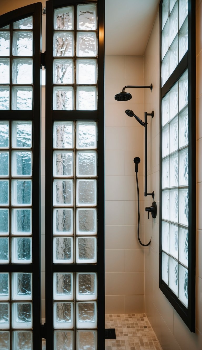 A bathroom with glass block windows, a modern shower, and sleek fixtures