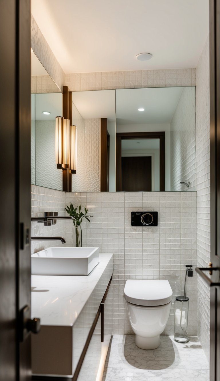 A modern bathroom with white textured wall tiles and sleek fixtures