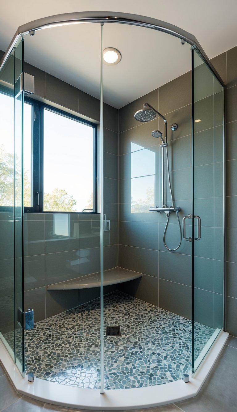 A curbless shower with sleek modern fixtures and a mosaic tile floor, surrounded by glass panels and bathed in natural light from a large window