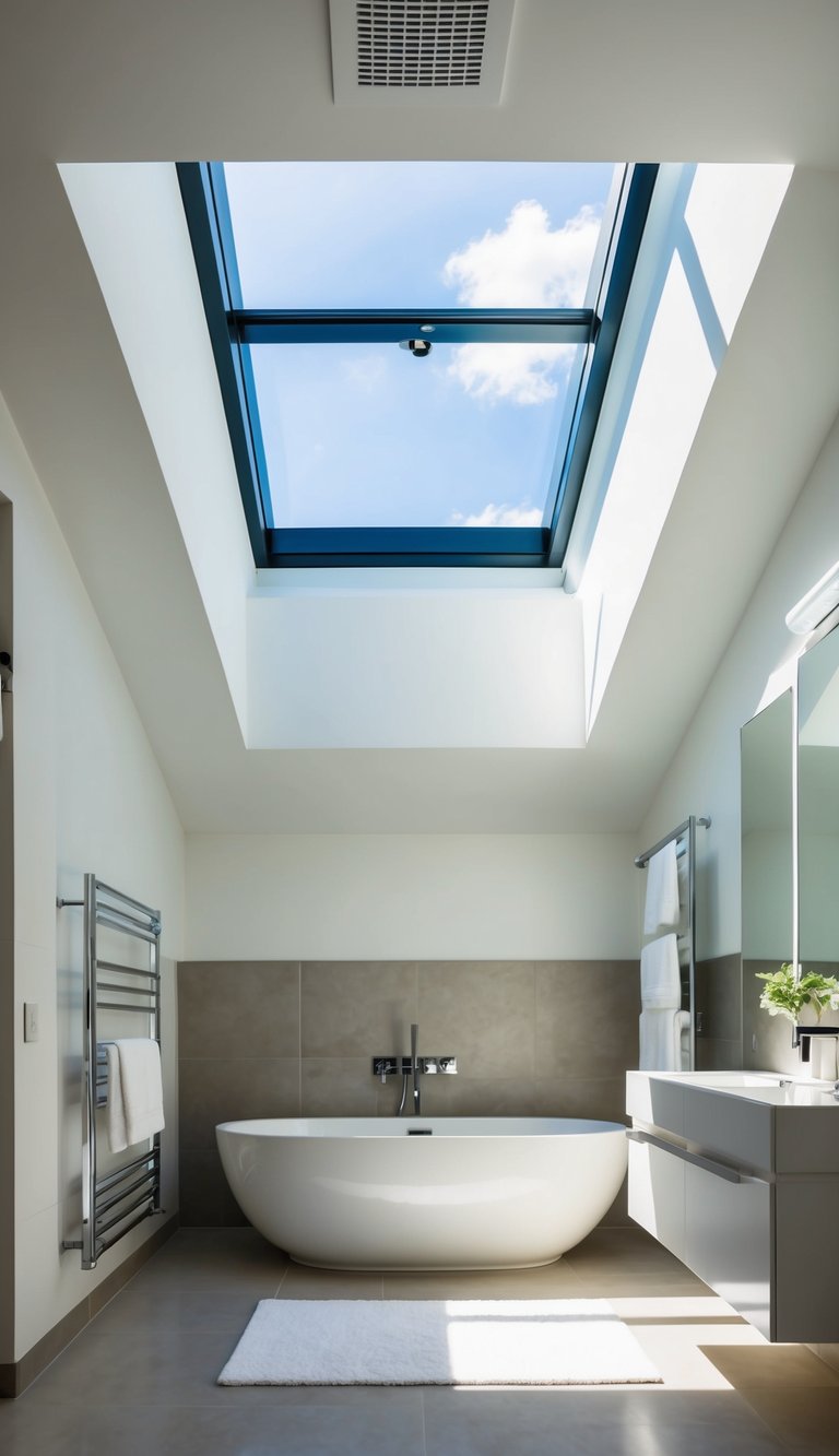 A bright skylight illuminates a modern bathroom with sleek fixtures and a vent above, creating a spacious and airy atmosphere