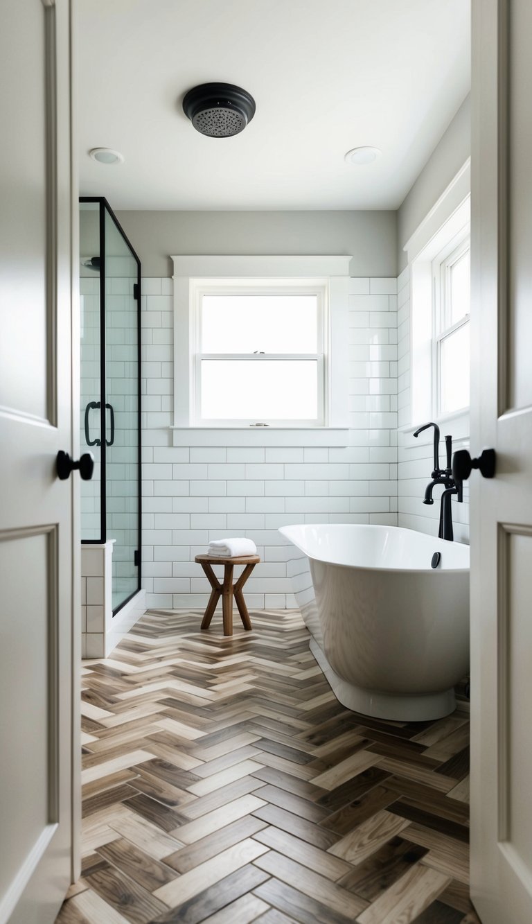 A bathroom floor with wood-look ceramic tiles in a herringbone pattern, surrounded by white subway tiles and a modern freestanding bathtub