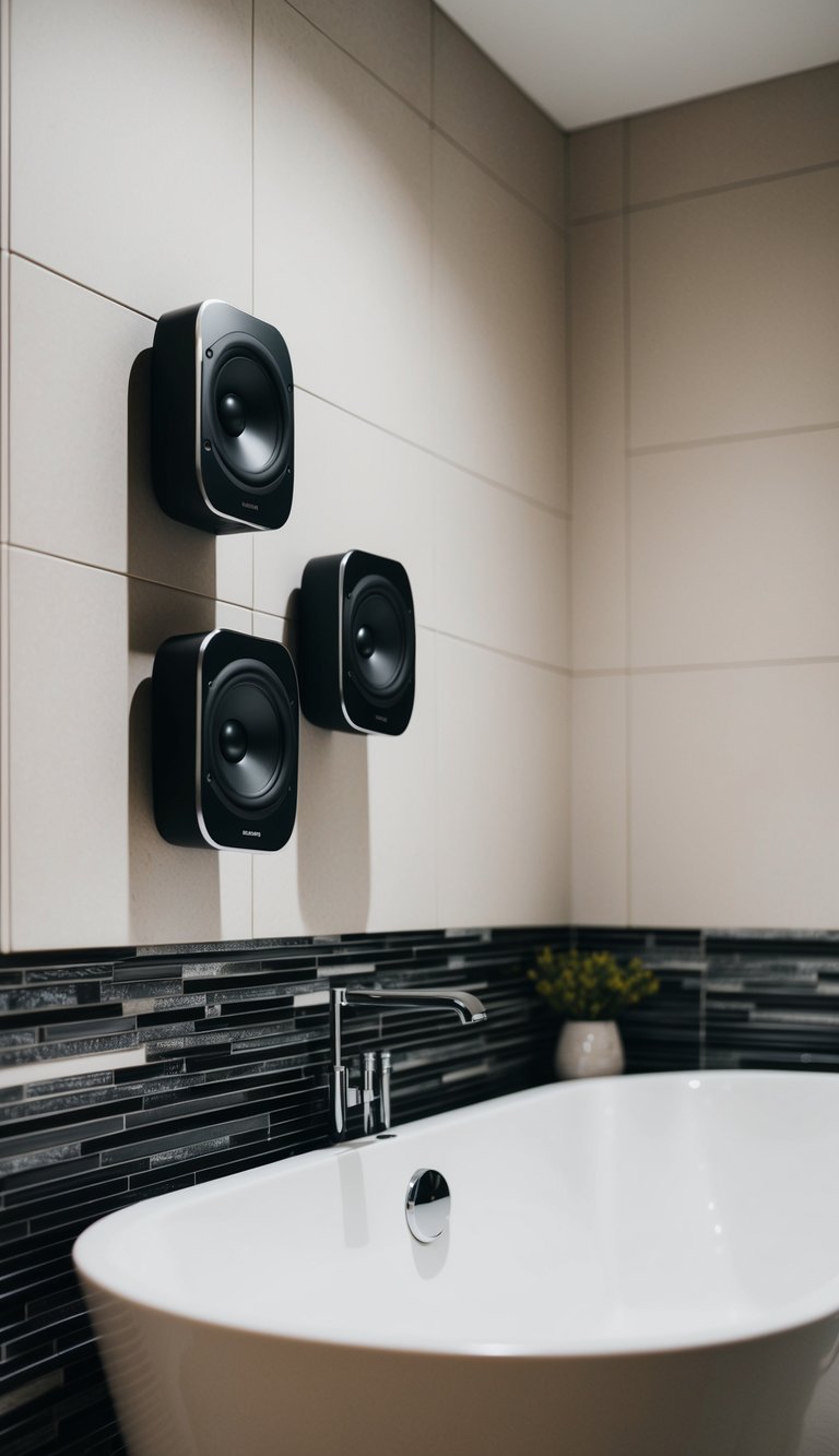 A modern bathroom with sleek bluetooth speakers mounted on the wall, surrounded by elegant tile and a contemporary bathtub