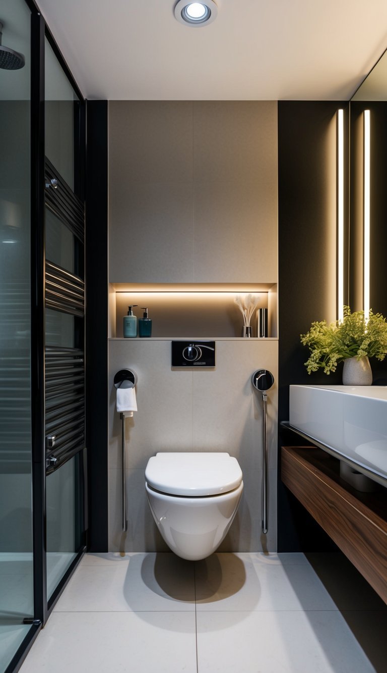 A modern bathroom with a sleek, heated bidet seat, surrounded by contemporary fixtures and luxurious finishes