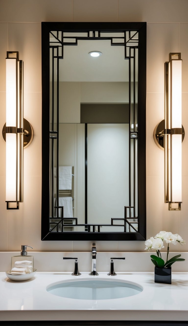 An art deco mirror hangs above a sleek vanity in a luxurious bathroom. The mirror's geometric design and elegant frame add a touch of vintage glamour to the modern space