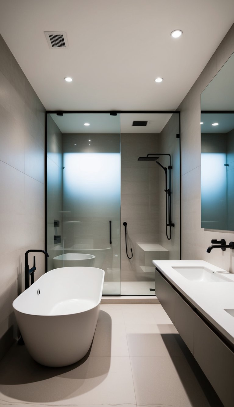 A sleek, minimalist bathroom with clean lines, neutral colors, and modern fixtures. A freestanding tub sits next to a large, walk-in shower with glass doors. A floating vanity and large mirror complete the contemporary design