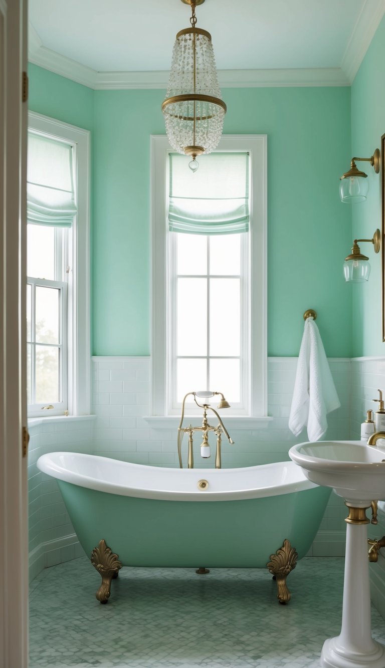 A serene bathroom with mint green and white color scheme, featuring elegant fixtures and timeless design elements