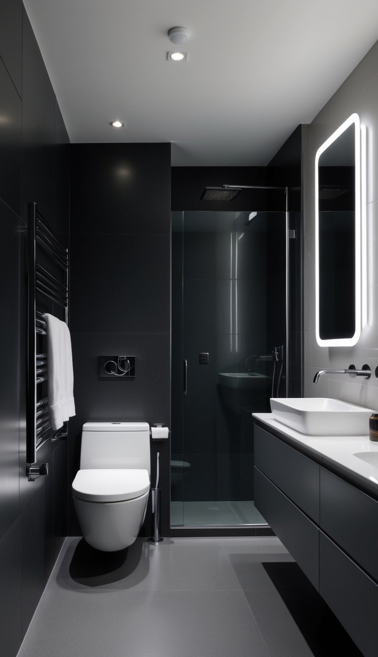 A sleek, modern bathroom with charcoal and silver accents. Clean lines, minimalist fixtures, and subtle pops of color