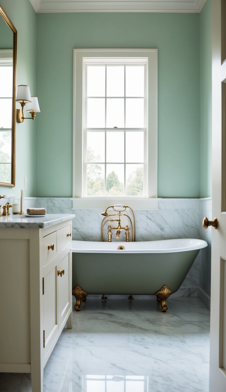 A serene bathroom with pale sage green walls, white marble countertops, and brass fixtures. A vintage clawfoot tub sits beneath a large window, letting in soft natural light