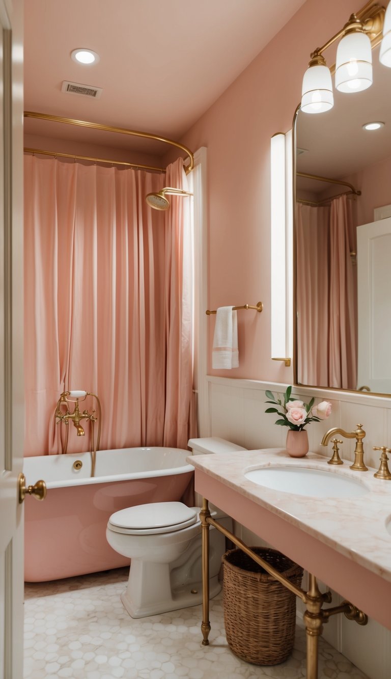 A serene bathroom with blush pink and cream tones, featuring elegant fixtures and soft lighting for a chic and timeless design