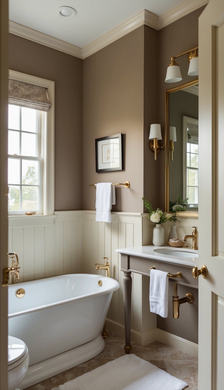 A serene bathroom with warm taupe walls and ivory accents, featuring chic and timeless design elements