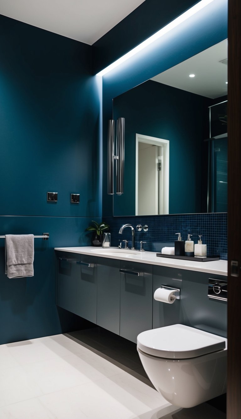 A sleek, modern bathroom with midnight blue walls, accented with silver fixtures and accessories