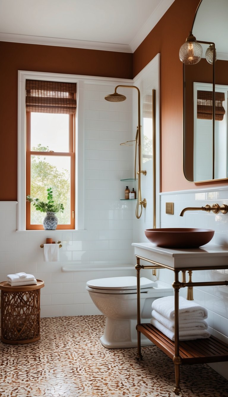 A chic bathroom with terracotta and white color scheme, featuring sleek fixtures and elegant accents for a timeless design