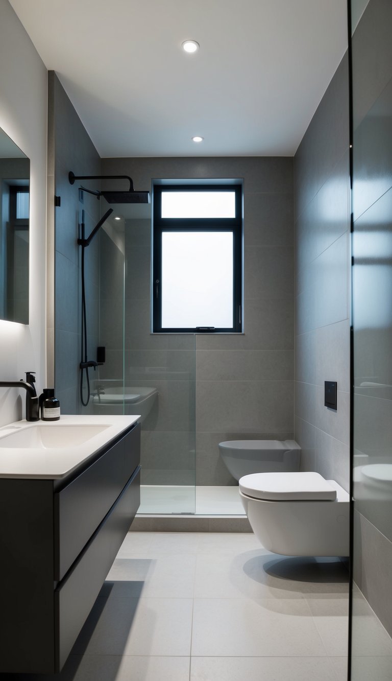 A sleek, modern bathroom with light grey and charcoal accents. Clean lines and minimalist design create a chic and timeless atmosphere