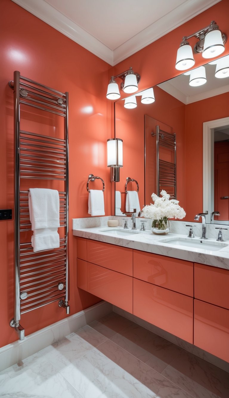 A luxurious bathroom with coral and soft white color scheme, featuring elegant fixtures and modern design elements