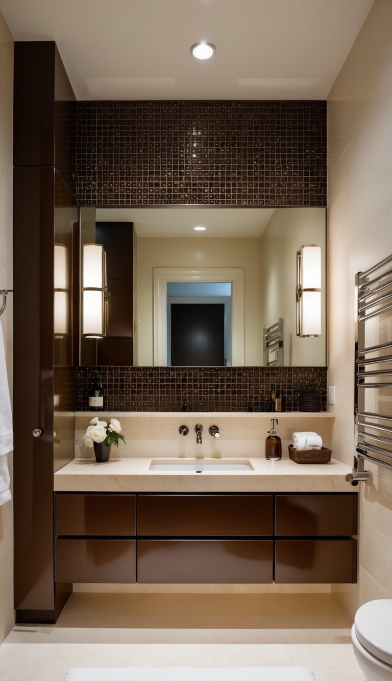 A sleek bathroom with espresso and cream color scheme, featuring modern fixtures and elegant accents for a chic and timeless design