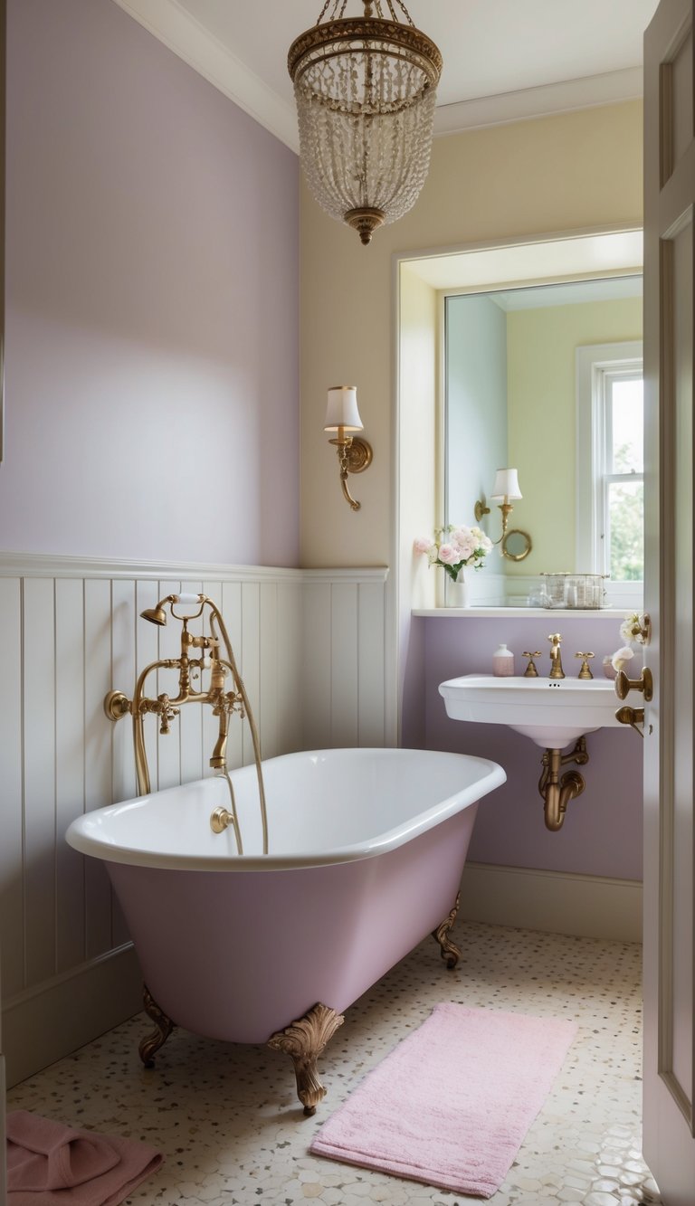 A serene bathroom with lilac and pale yellow accents, featuring elegant fixtures and timeless design elements
