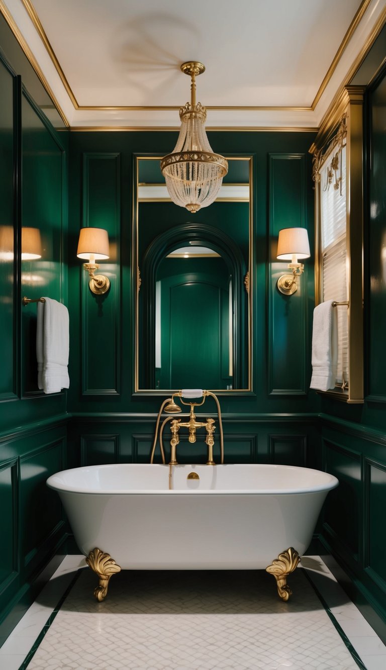 A luxurious bathroom with forest green and gold accents, featuring elegant fixtures and timeless design elements