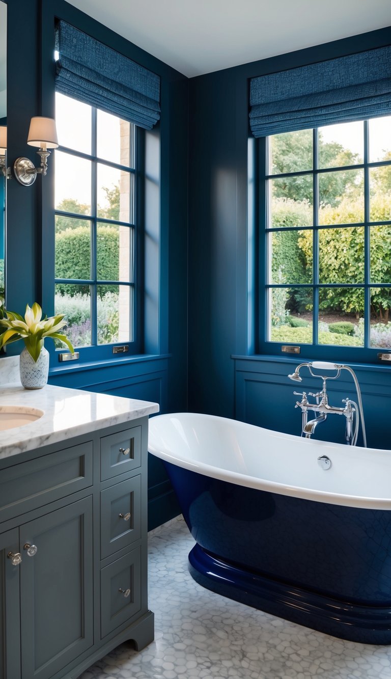 A chic bathroom with cobalt blue and grey color palette. White marble countertops, silver fixtures, and a freestanding bathtub with a large window overlooking a serene garden