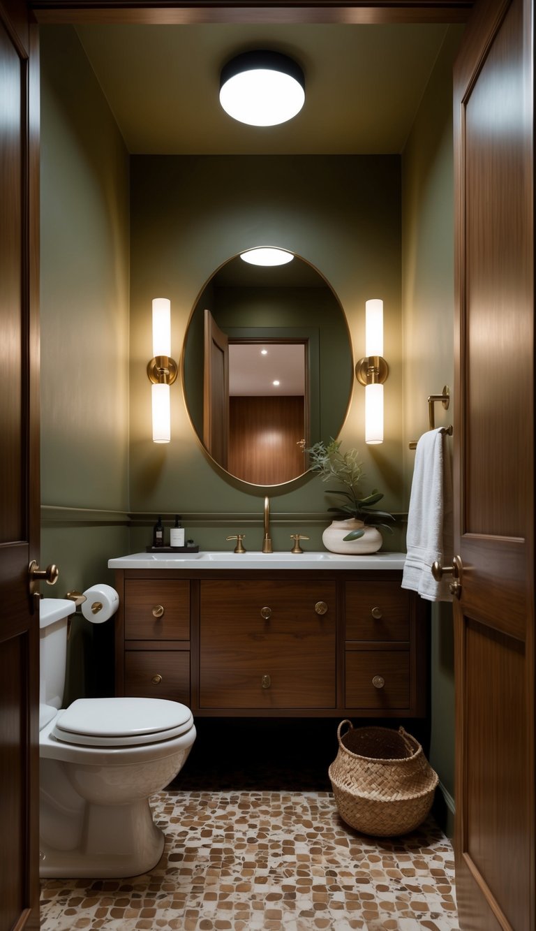 A chic bathroom with earthy brown and olive color palette. Timeless design with modern fixtures and natural elements