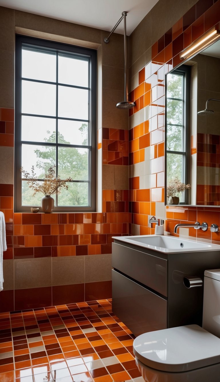 A modern bathroom with burnt orange and taupe tiles, sleek fixtures, and natural light streaming in through a large window