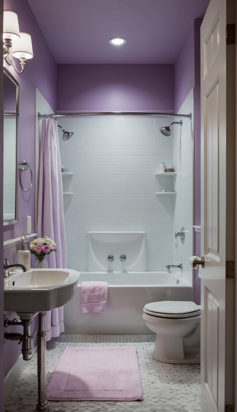 A serene bathroom with lavender walls and light silver accents